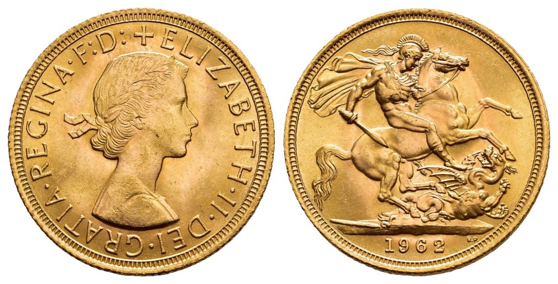 PEUS 9700 Grossbritannien 7,32 g Feingold. Elizabeth II. (1952 - 2022) Sovereign GOLD 1962 Vorzüglich / Stempelglanz
