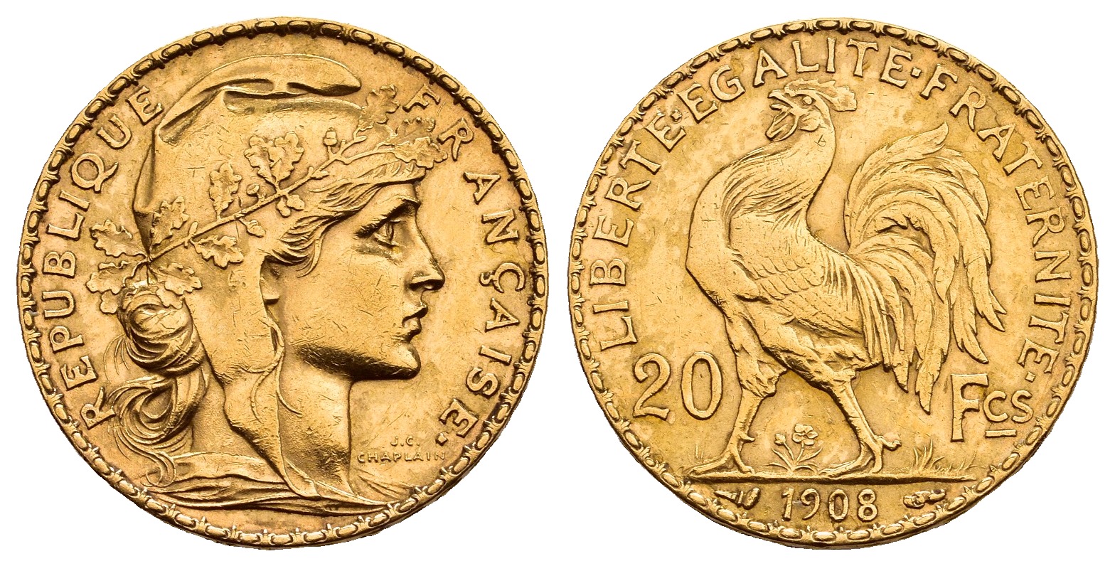 PEUS 9702 Frankreich 5,81 g Feingold. Marianne / Galischer Hahn 20 Francs GOLD 1908 Sehr schön