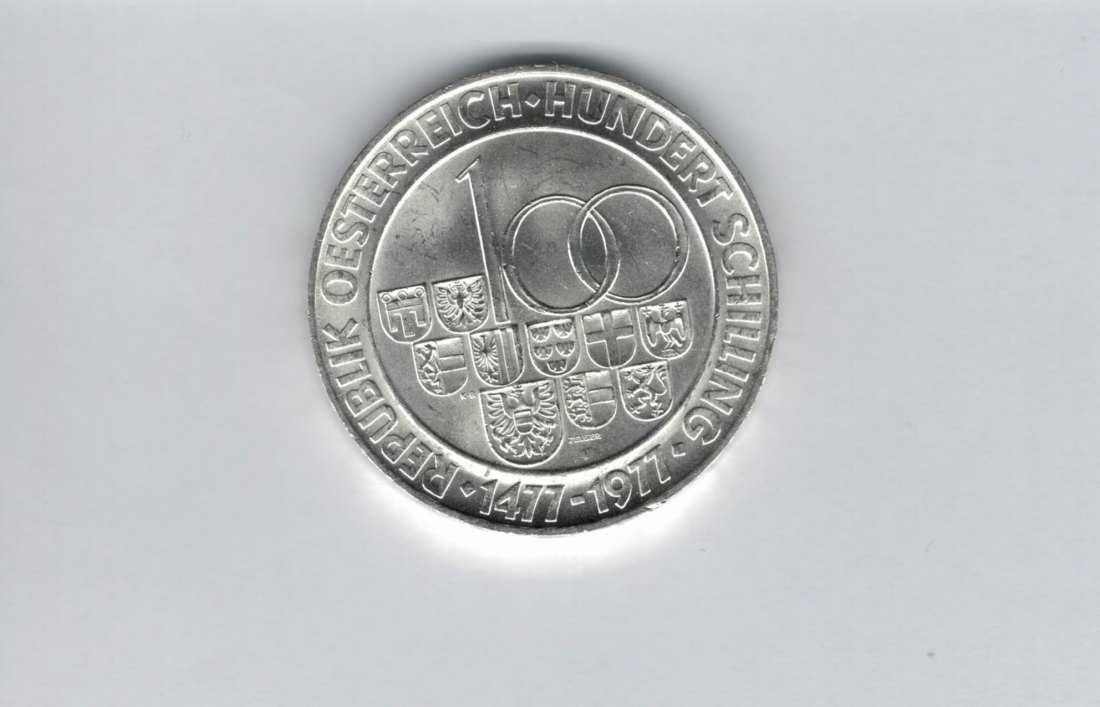  100 Schilling 1977 500 Jahre Münzstätte Hall/Tirol 15,36g fei Ag Österreich Spittalgold9800 01914/16   
