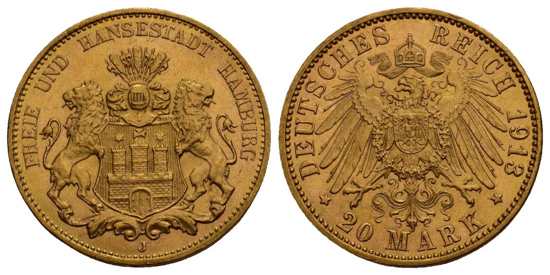PEUS 9744 Hamburg - Kaiserreich 7,16 g Feingold. Stadtwappen 20 Mark GOLD 1913 J Kl. Kratzer, Vorzüglich