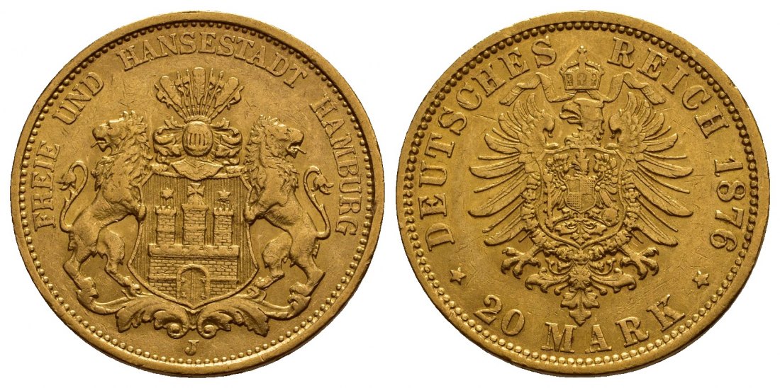 PEUS 9748 Kaiserreich - Hamburg 7,16 g Feingold. Stadtwappen / Kleiner Adler 20 Mark GOLD 1876 J Sehr schön