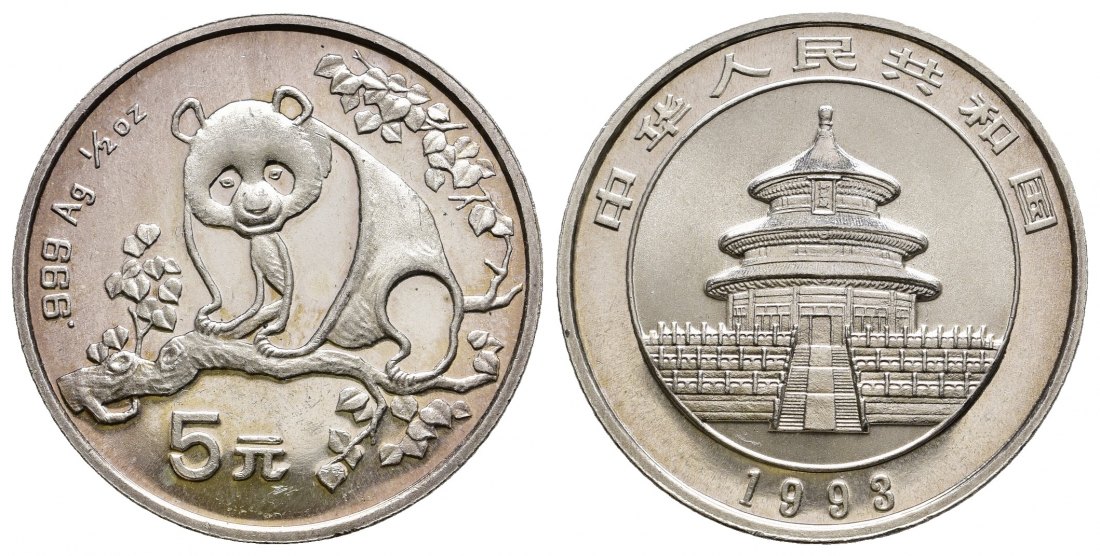 PEUS 9713 China Volksrepublik 15,55 g Feinsilber. Panda klettert auf Ast 5 Yuan SILBER 1993 Patina, Brilliant Uncirculated