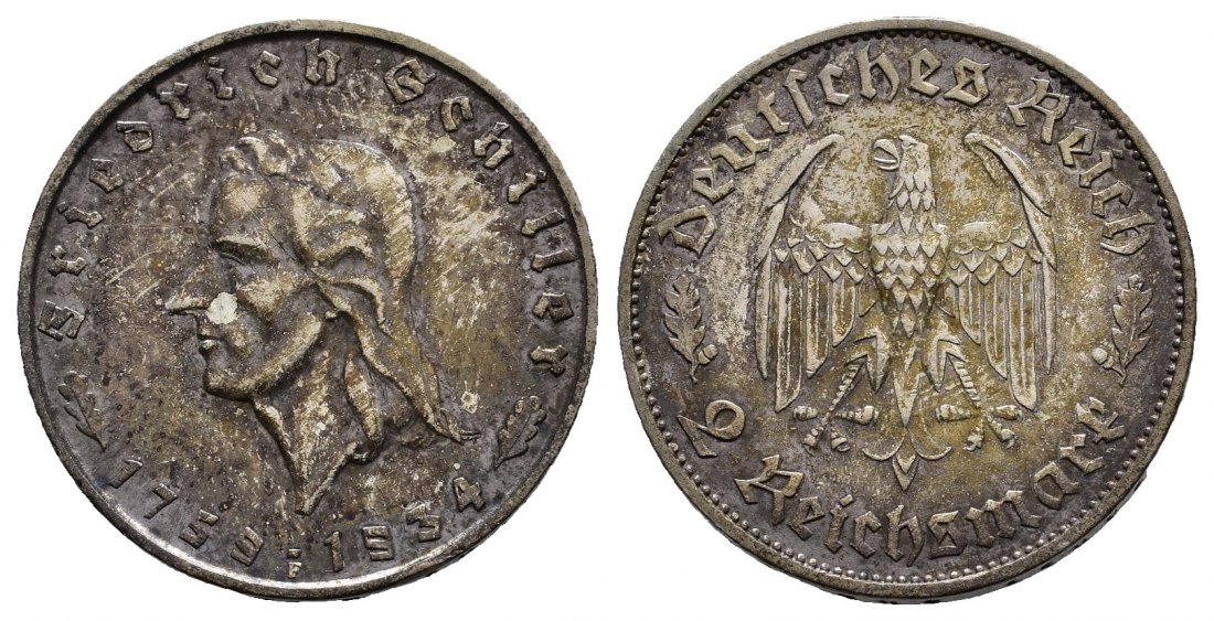 PEUS 9714 Drittes Reich 175. Geburtstag Friedrich von Schiller 2 Reichsmark 1934 F Fast Vorzüglich