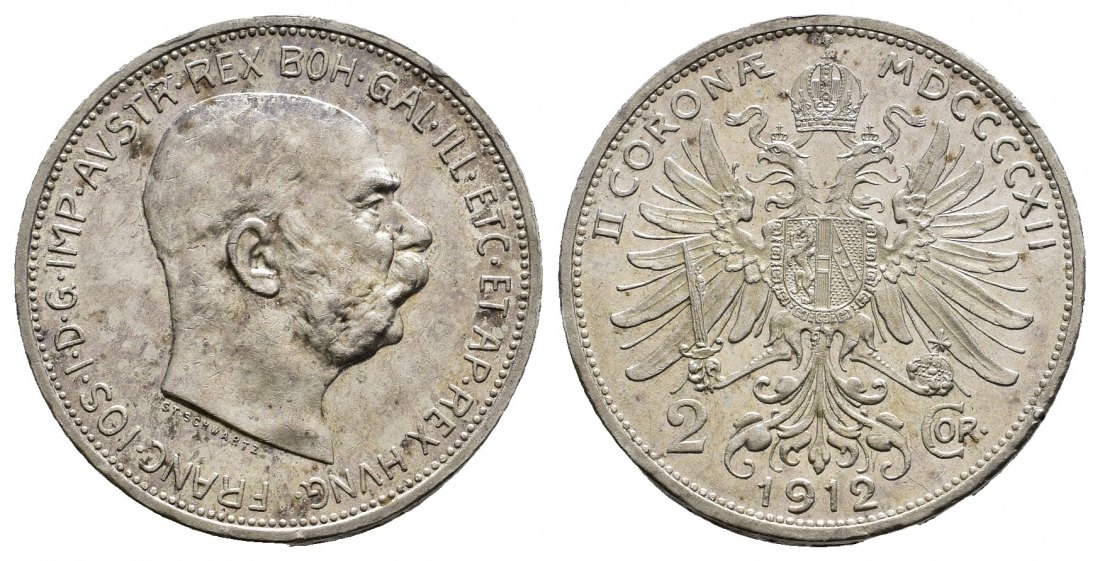 PEUS 9715 Österreich 8,35 g Feinsilber. Franz Joseph I. (1848 - 1916) 2 Kronen SILBER 1912 Kl. Kratzer, Vorzüglich