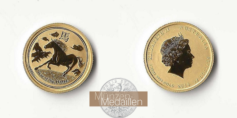 Australien 15 Dollar MM-Frankfurt Feingold: 3,11g Jahr des Pferdes Lunar II 2014 