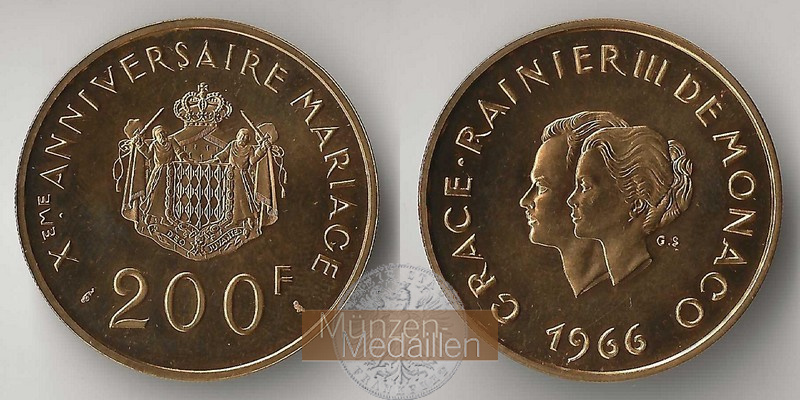 Monaco MM-Frankfurt Feingewicht: 29,44g Gold 200 Francs 1966 