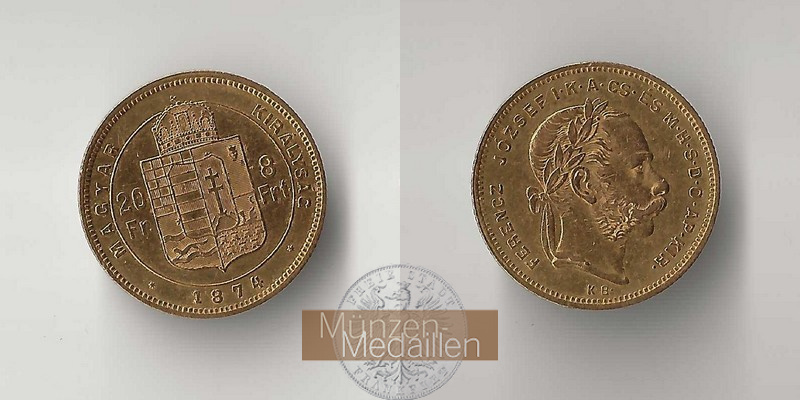 Ungarn MM-Frankfurt Feingewicht 5,81g Gold 8 Forint 1874 sehr schön