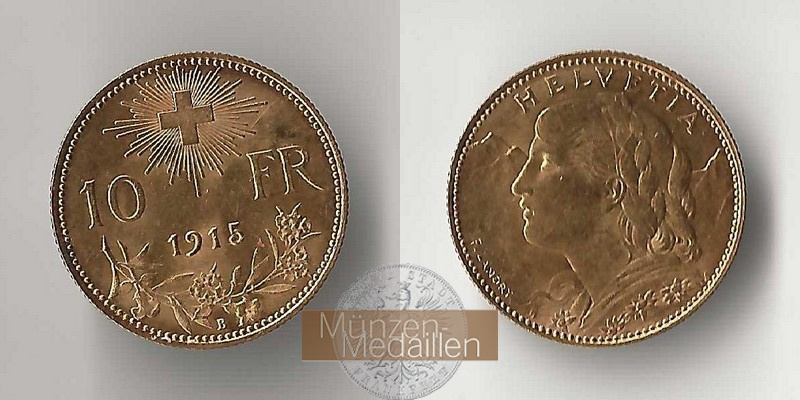 Schweiz  10 sFR  1915 MM-Frankfurt Feingold: 2,90g 1/2 Vreneli  