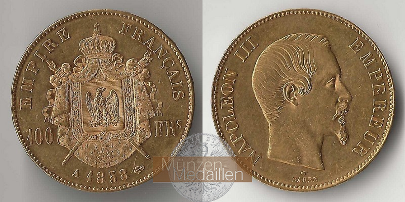 Frankreich 100 Francs  1858 A MM-Frankfurt Feingold: 29,03g Napoleon III.  
