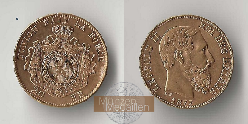 Belgien 20 Francs Leopold II MM-Frankfurt Feingold: 5,81g  1877 