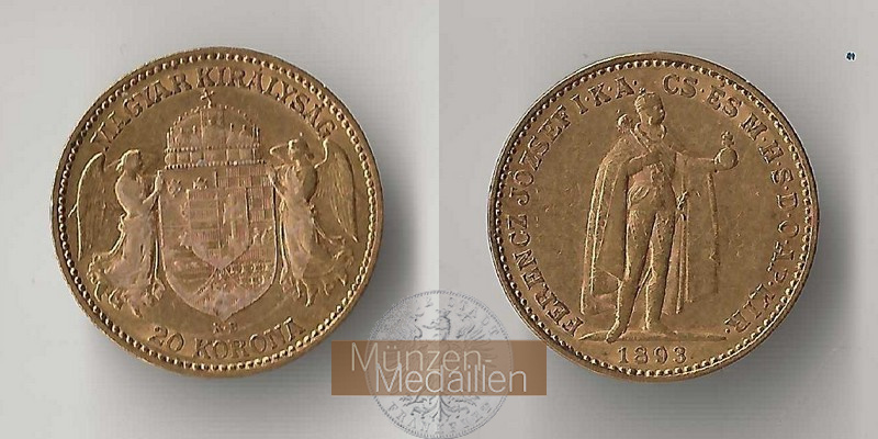 Ungarn MM-Frankfurt Feingold: 6,09g 20 Kronen 1893 