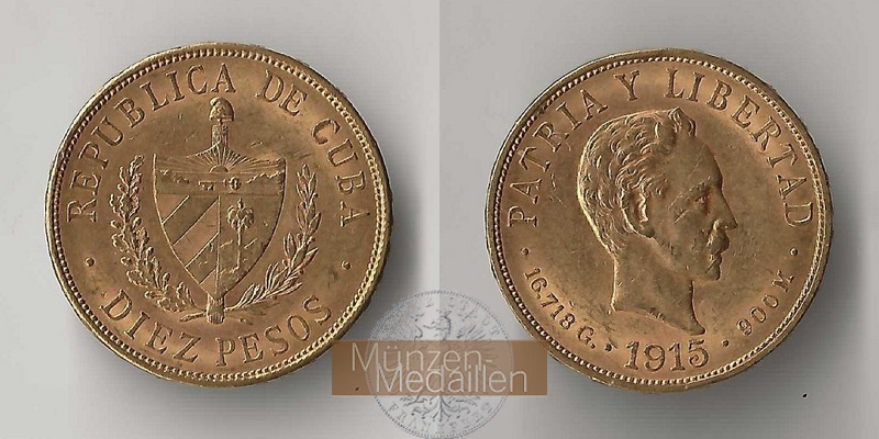 Kuba MM-Frankfurt  Feingold: 15,05g 10 Pesos 1915 