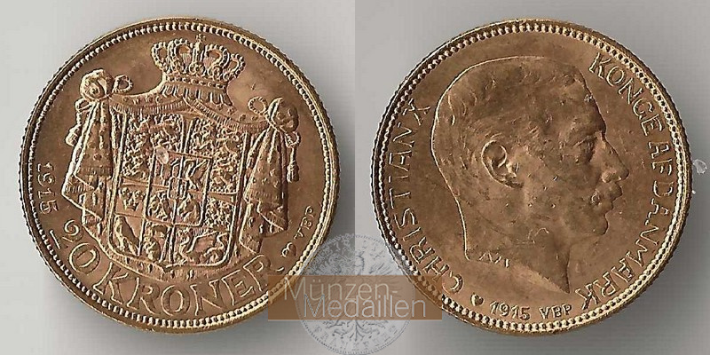 Dänemark  20 Kroner MM-Frankfurt Feingold: 8,06g Christian X (1912-1947) 1915 