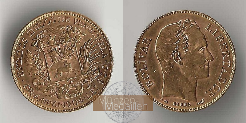 Venezuela MM-Frankfurt  Feingewicht: 5,8g Gold 20 Bolivares 1904 