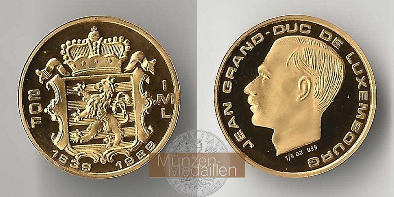 Luxemburg, Jean (1964-1999) MM-Frankfurt  Feingold: 6,22g 20 Francs 1989 150jähr. Unabhängigkeit Großherzogtums