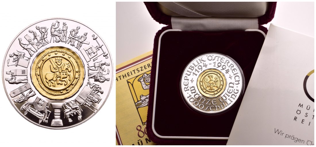 PEUS 9709 Österreich 13 g Feingold + 24 g Feinsilber. 800 Jahre Münze Wien incl. Etui + Zertifikat 1000 Schilling GOLD / SILBER 1994 Proof (Kapsel)