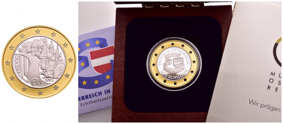 PEUS 9710 Österreich 8 g Feingold + 4,7 g Feinsilber. EU-Beitritt incl. Etui + Zertifikat 500 Schilling GOLD / SILBER 1995 Proof (Kapsel)