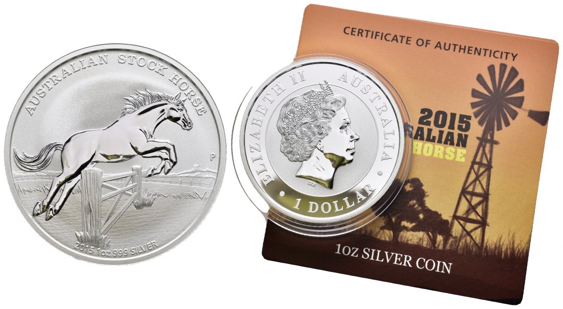 PEUS 9734 Australien 31,1 g Feinsilber. Stock Horse incl. Zertifikat Dollar SILBER Unze 2015P Uncirculated (Kapsel)