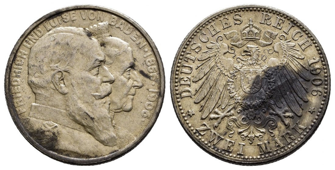 PEUS 9719 Kaiserreich - Baden Goldene Hochzeit. Friedrich I. (1856 - 1907) 2 Mark 1906 G Fleckig, Vorzüglich/Stempelglanz