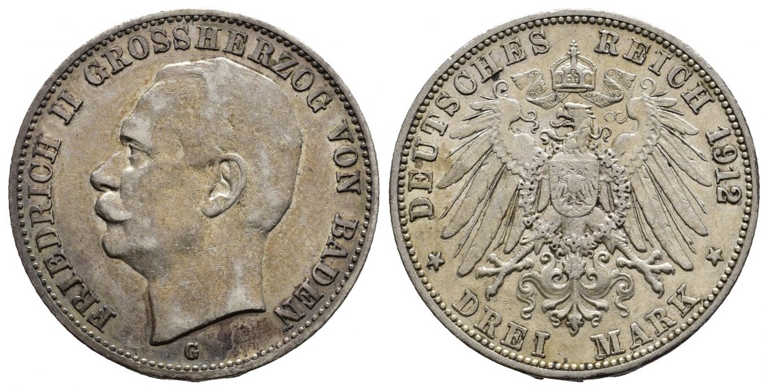 PEUS 9720 Kaiserreich - Baden Friedrich II. (1907 - 1918) 3 Mark 1912 G Sehr schön