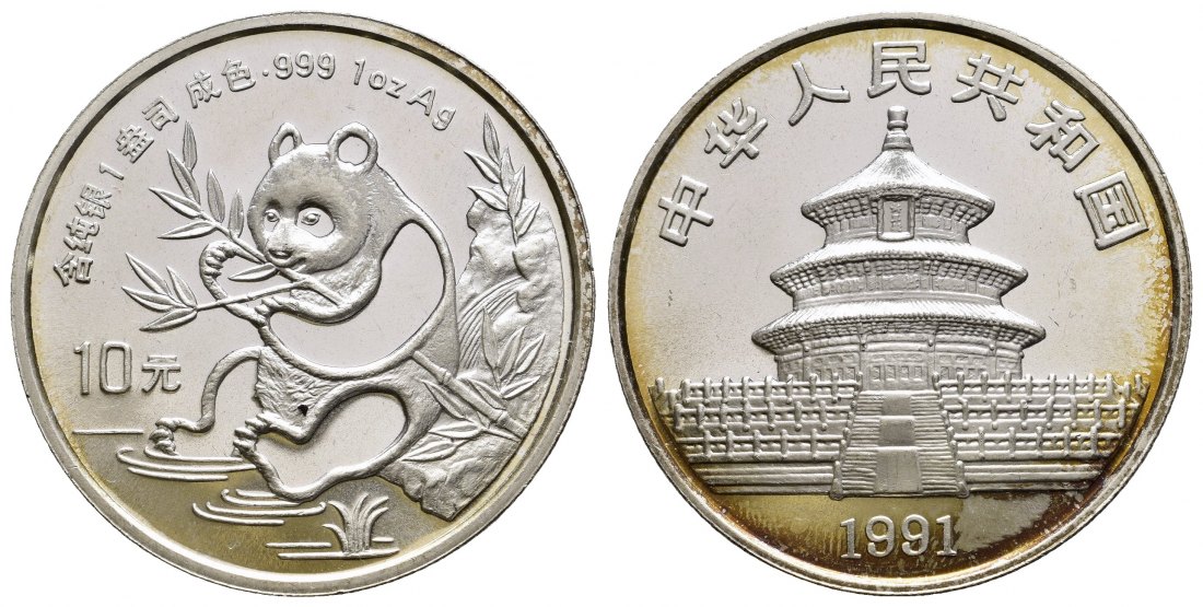 PEUS 9724 China Volksrepublik 31,1 g Feinsilber. Sitzender Panda Bär 10 Yuan SILBER Unze 1991 Almost Uncirculated