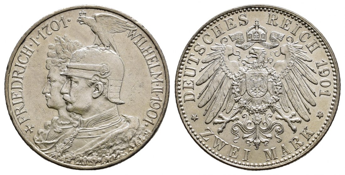 PEUS 9727  Kaiserreich - Preußen 200jähriges Jubiläum. Friedrich I. + Wilhelm II. 2 Mark 1901 A Kl. Kratzer, fast Vorzüglich
