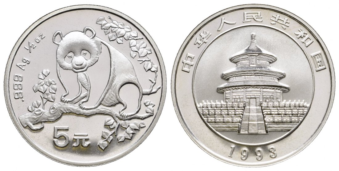 PEUS 9728 China Volksrepublik 15,55 g Feinsilber. Panda klettert auf Ast 5 Yuan SILBER 1993 Brilliant Uncirculated (Kapsel)