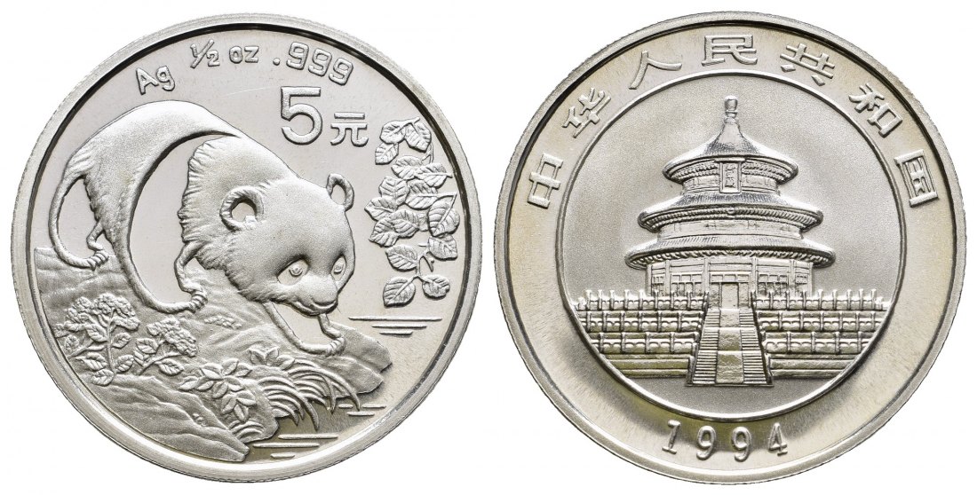 PEUS 9729 China Volksrepublik 15,55 g Feinsilber. Panda am Ufer 5 Yuan SILBER 1/2 Unze 1994 Brilliant Uncirculated (Kapsel)