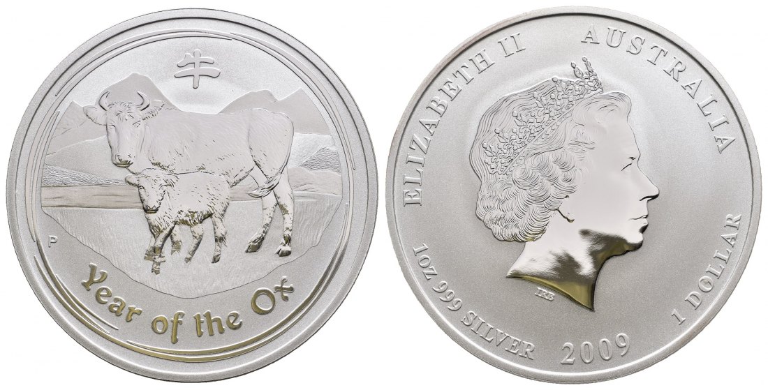 PEUS 9730 Australien 31,1 g Feinsilber. Lunar I - Jahr des Ochsen Dollar SILBER Unze 2009 Uncirculated (Kapsel)