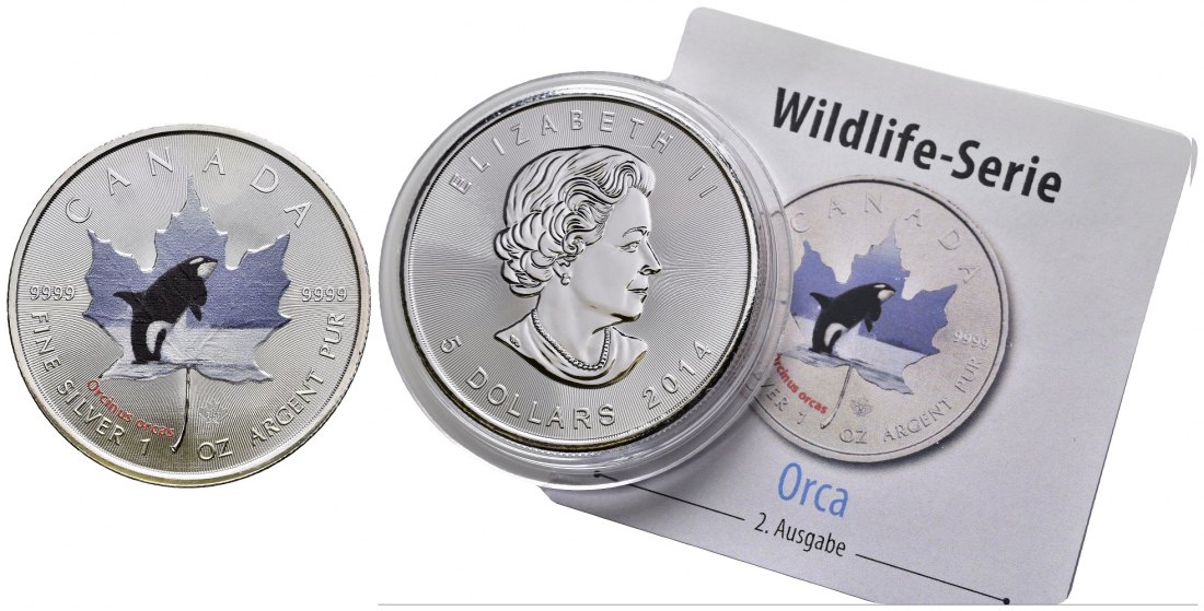 PEUS 9733 Kanada 31,1 g Feinsilber. Maple Leaf - Orca mit Zertifikat 5 Dollars SILBER Unze multicolor 2014 Uncirculated (Kapsel)