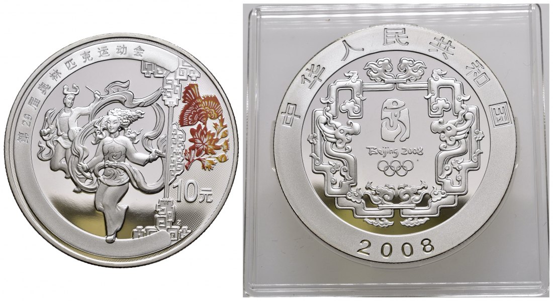 PEUS 9735 China 31,1 g Feinsilber. Olympiade Bejing - Volkstanz 10 Yuan SILBER teilcoloriert 2008 Proof (Kapsel)