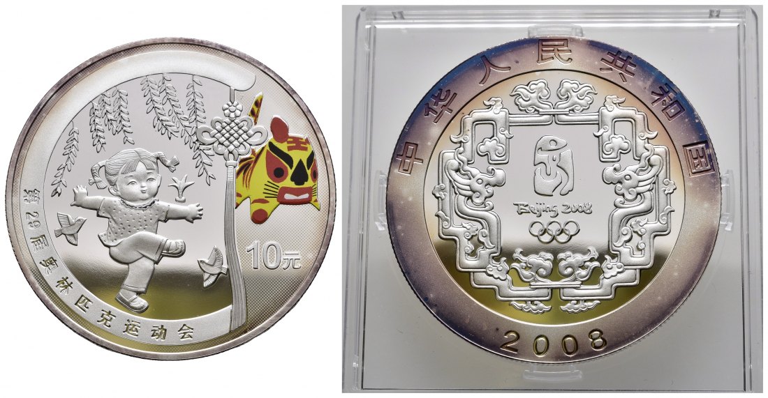 PEUS 9736 China 31,1 g Feinsilber. Olympiade Bejing - Kind spielt Jianzi 10 Yuan SILBER teilcoloriert 2008 Proof (Kapsel)