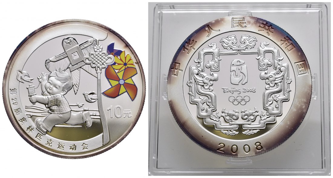PEUS 9739 China 31,1 g Feinsilber. Olympiade Bejing - Kind mit Drache 10 Yuan SILBER teilcoloriert 2008 Proof (Kapsel)