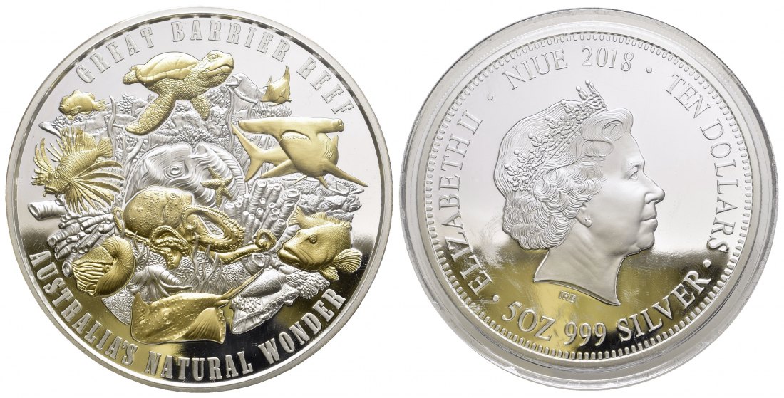 PEUS 9741 Niue 155,5 g Feinsilber. Great Barrier Reef 10 Dollar 5 Unzen SILBER teilvergoldet 2018 Proof (Kapsel)