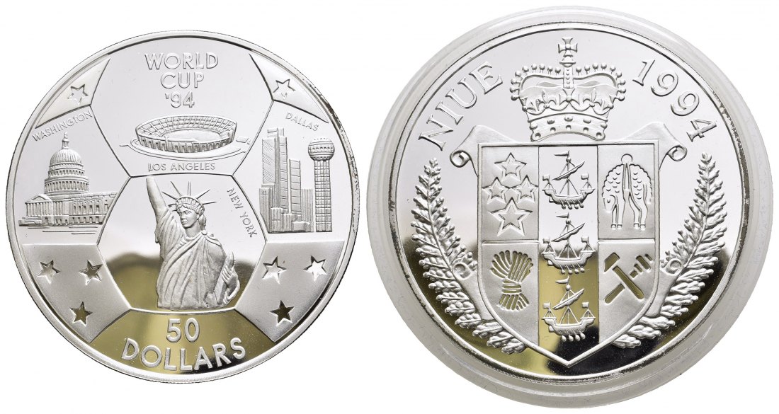 PEUS 9742 Niue 156,01 g Feinsilber. Fußball WM USA 50 Dollars SILBER 1994 Proof (Kapsel)