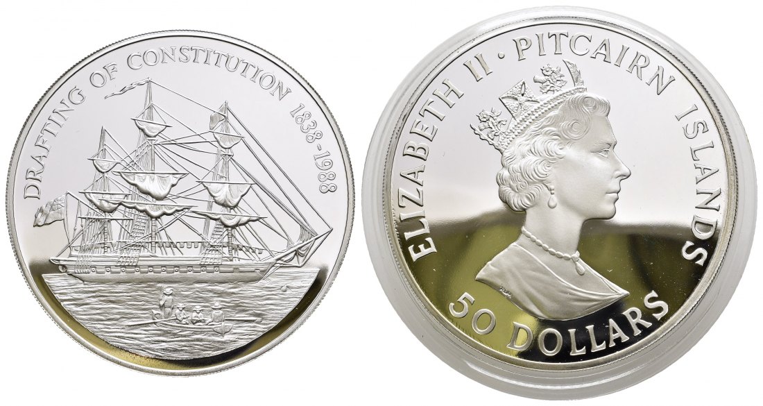 PEUS 9743 Pitcairninseln 155,5 g Feinsilber. Segelschiff 50 Dollars SILBER 5 Unzen 1988 Proof (Kapsel)