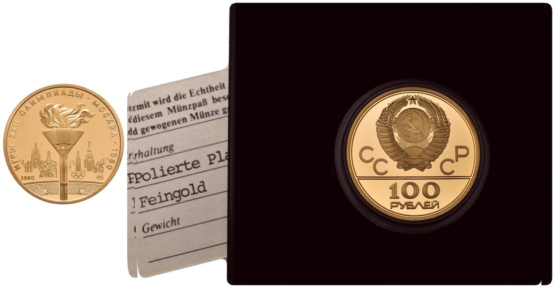 PEUS 9753 Russland / UdSSR 15,55 g Feingold. Olympische Flamme vor Stadion incl. Etui 100 Rubel GOLD 1980 MMD Polierter Platte (Kapsel)