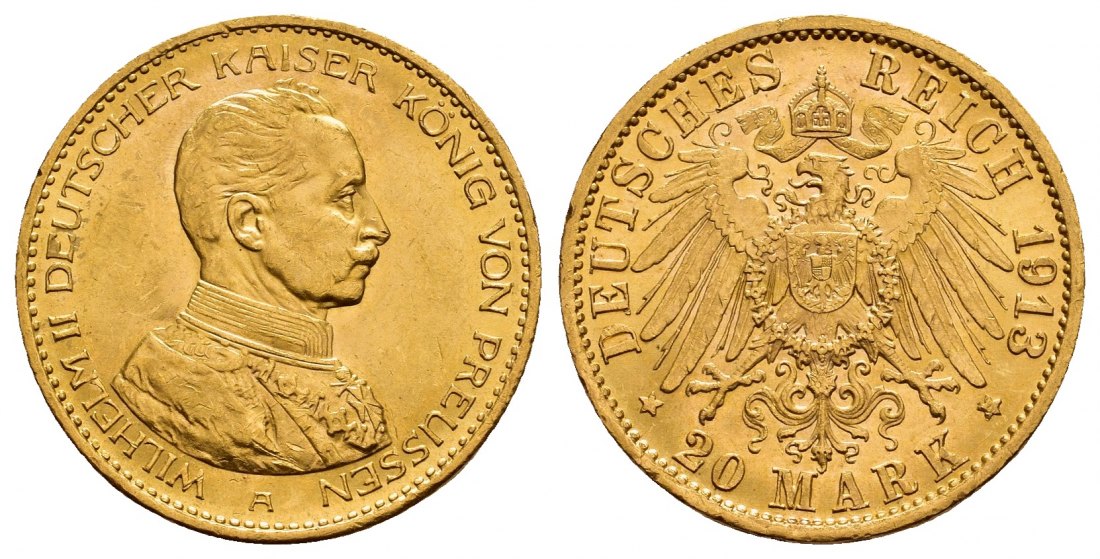 PEUS 8795 Preußen - Kaiserreich 7,16 g Feingold. Kaiser Wilhelm II. (1888 - 1918) in Kürassieruniform 20 Mark GOLD 1913 A Kl. Kratzer, Vorzüglich