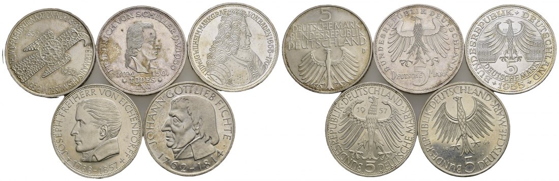 PEUS 9756 BRD Die ersten Fünf 5 Mark-Gedenk-Lot (5 Münzen) 1952-1964 Vorzüglich +