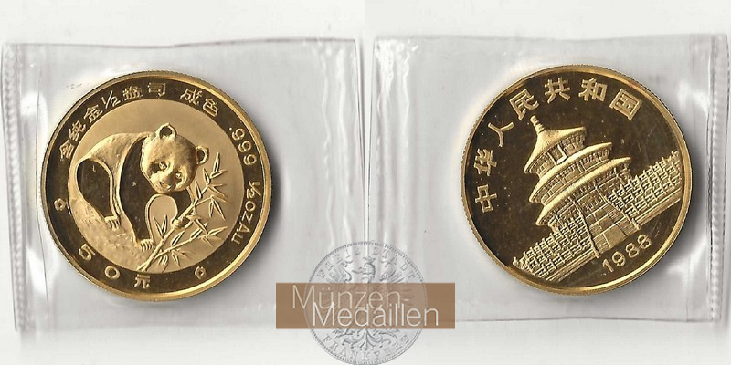 China  50 Yuan MM-Frankfurt Feingold: 15,55g Panda 1988 