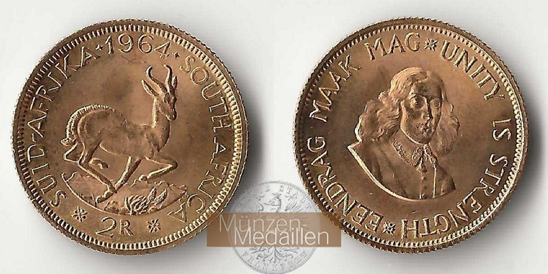 Südafrika  2 Rand MM-Frankfurt Feingold: 7,32g Springbock 1964 