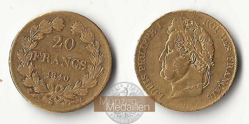 Frankreich, Loius Philippe I (1830-1848) MM-Frankfurt Feingewicht: 5,81g 20 Francs 1840 A 