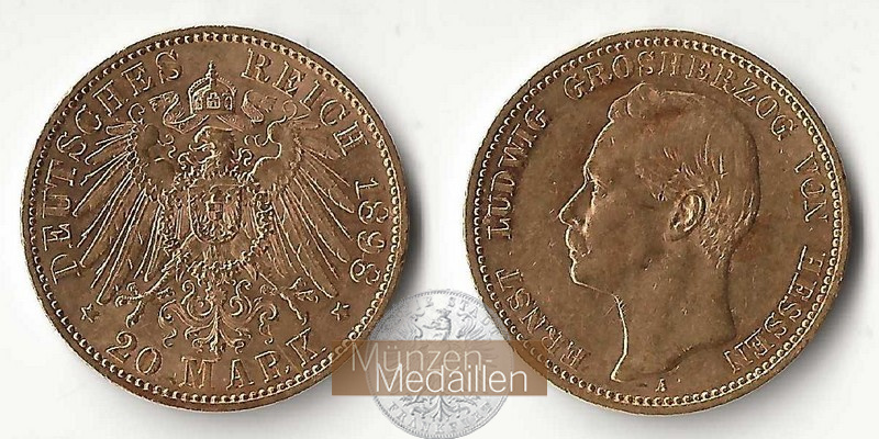 Deutsches Kaiserreich. Hessen. MM-Frankfurt Feingold: 7,168g Ernst Ludwig 1892-1918. 20 Mark 1898 A 
