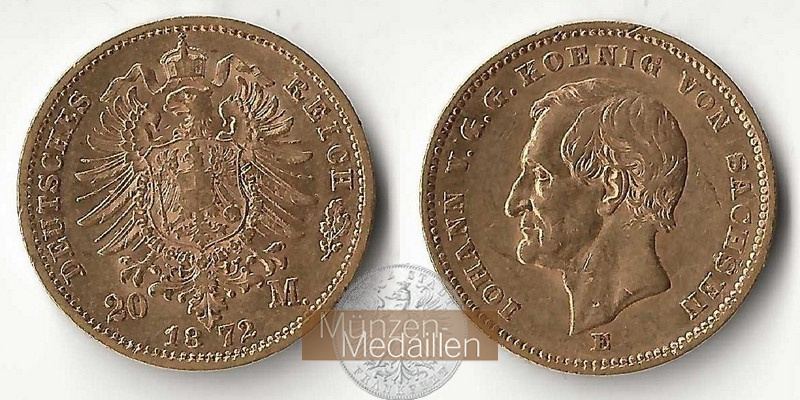 Sachsen, Kaiserreich  20 Mark MM-Frankfurt Feingold: 7,17g Johann (1854-1873) 1872 E 