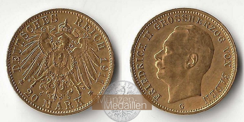 Baden, Kaiserreich  20 Mark MM-Frankfurt Feingold: 7,17g Friedrich II. 1907-1918 1911 G 