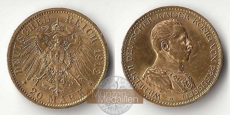 Preussen Kaiserreich  20 Mark MM-Frankfurt Feingold: 7,17g Wilhelm II. 1888-1918 1913 A 