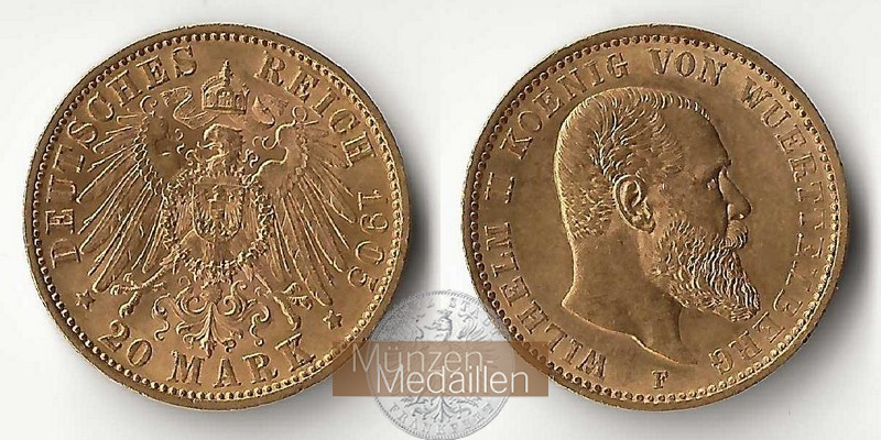 Deutsches Kaiserreich - Württemberg MM-Frankfurt Feingold: 7,17g Wilhelm II., 20 Mark 1905 F 