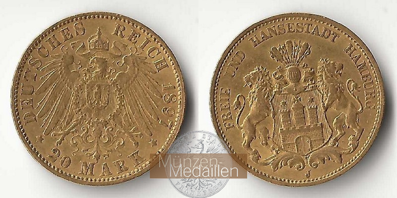 Deutsches Kaiserreich - Hamburg MM-Frankfurt Feingold: 7,17g 20 Mark 1897 J 