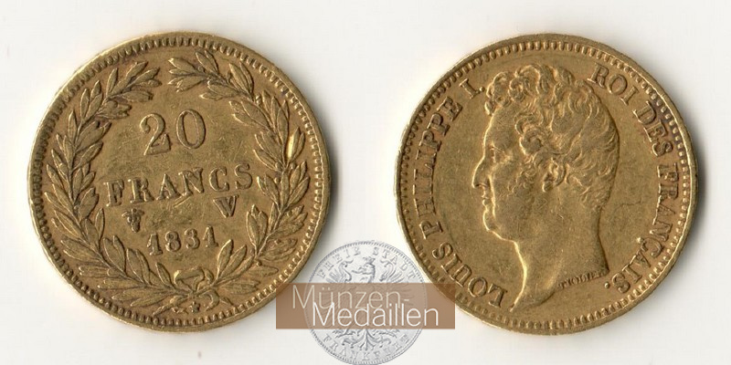 Frankreich, Loius Philippe I MM-Frankfurt Feingewicht: 5,81g 20 Francs 1831 W 