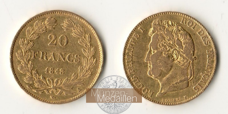 Frankreich, Loius Philippe I (1830-1848) MM-Frankfurt Feingewicht: 5,81g 20 Francs 1848 A 